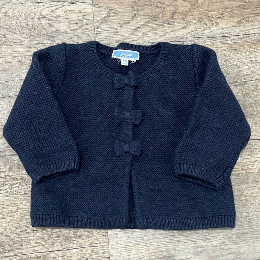 EUC JACADI Girls Navy Blue Wool Blend Bow Snap on Cardigan Sweater 6 Months